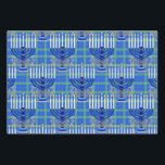 Jewish-Menorah-Plaid-Lt-Blue Wrapping Paper Sheets<br><div class="desc">From my new Jewish Collection coming into stores now... MENORAH PLAID LT BLUE. A large silver and blue detailed 9 branch menorah design on an all-over background plaid pattern. All of the candles appear lit. The plaid pattern is green, gold and blue. You get 3 sheets of gift wrapping sheets....</div>