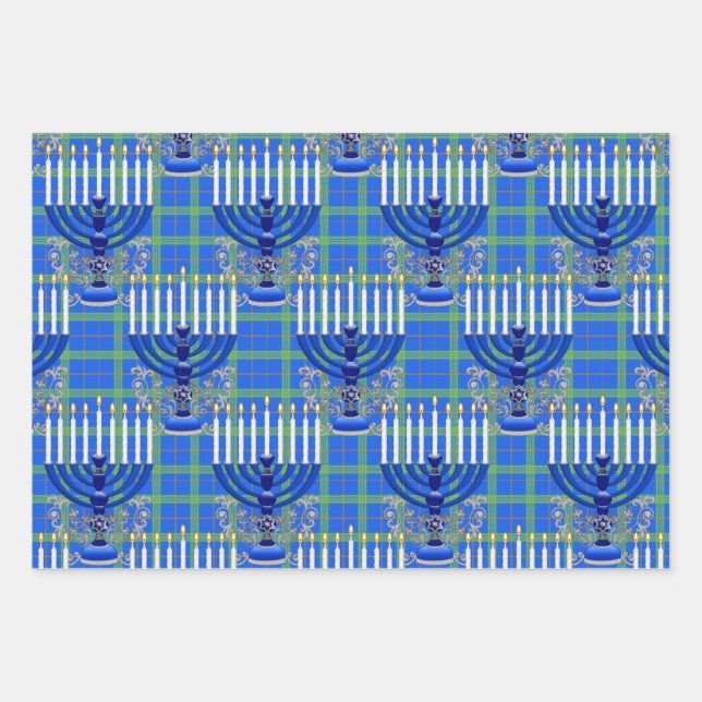 Jewish-Menorah-Plaid-Lt-Blue Wrapping Paper Sheets (Front)