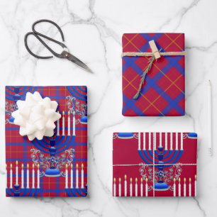 Jewish-Menorah-Plaid-Pomegranate-Red Wrapping Paper Sheets