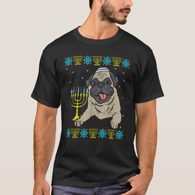 Jewish Pug Dog Menorah Ugly Hanukkah Pajamas Chanu T-Shirt (Front)