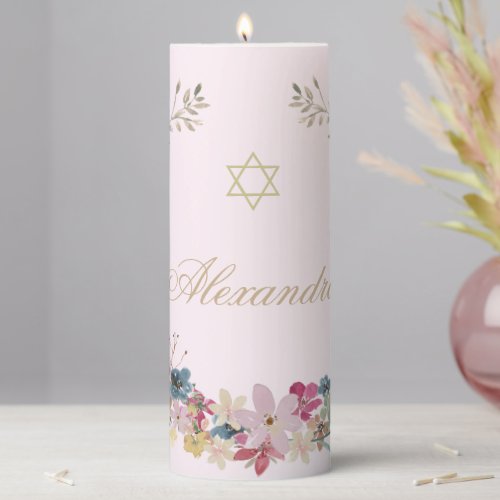 Jewish Religious Field Flowers Pink  Pillar Candle
