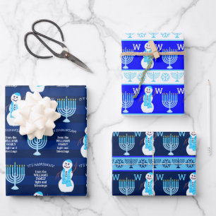 Jewish Snowman Monogram Kids Holiday Assortment Wrapping Paper Sheets