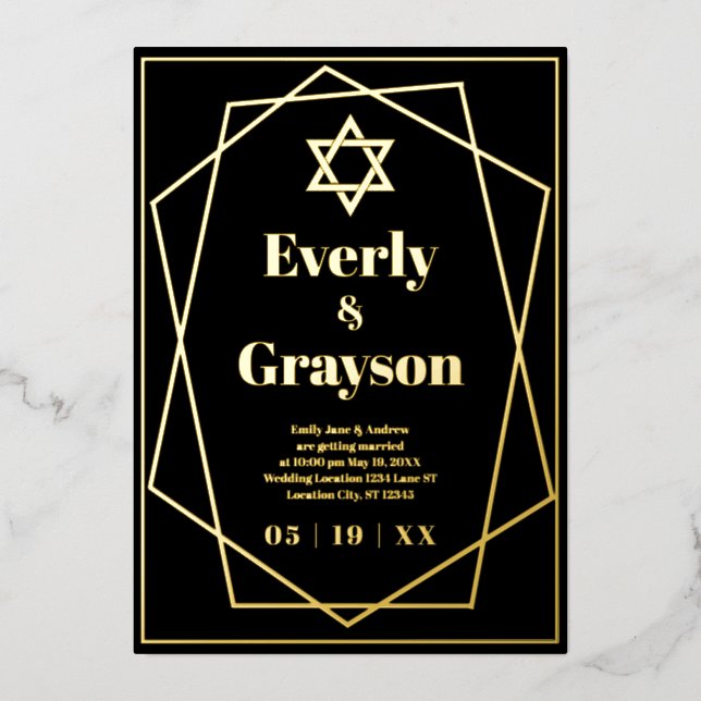 Jewish Star Geometric Frame Gold Wedding    Foil I Foil Invitation (Front)