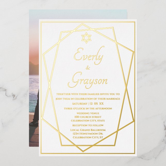 Jewish Star Geometric Frame Gold Wedding    Foil Invitation (Front/Back)