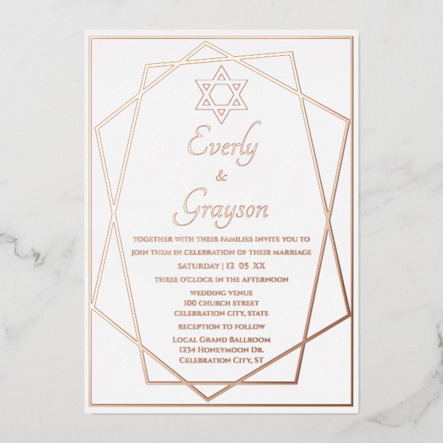 Jewish Star Geometric Frame Rose Gold Wedding    Foil Invitation (Front)