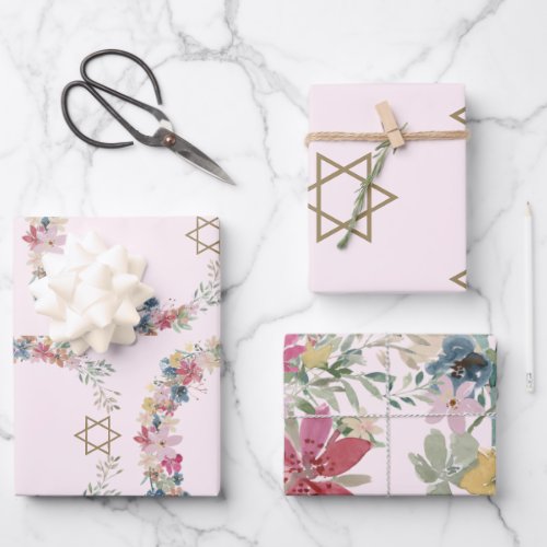 Jewish Star Of David Elegant Pink Floral  Wrapping Paper Sheets