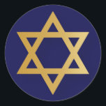 Jewish Star of David gold and navy blue Classic Round Sticker<br><div class="desc">Gold colored Star of David on navy blue background.</div>