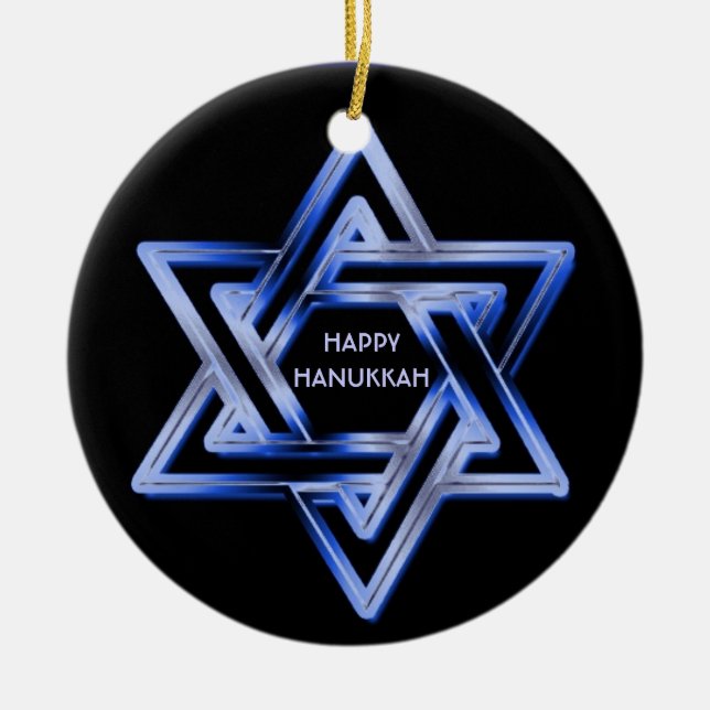 Jewish Star of David Shines Happy Hanukkah Ceramic Ornament (Front)