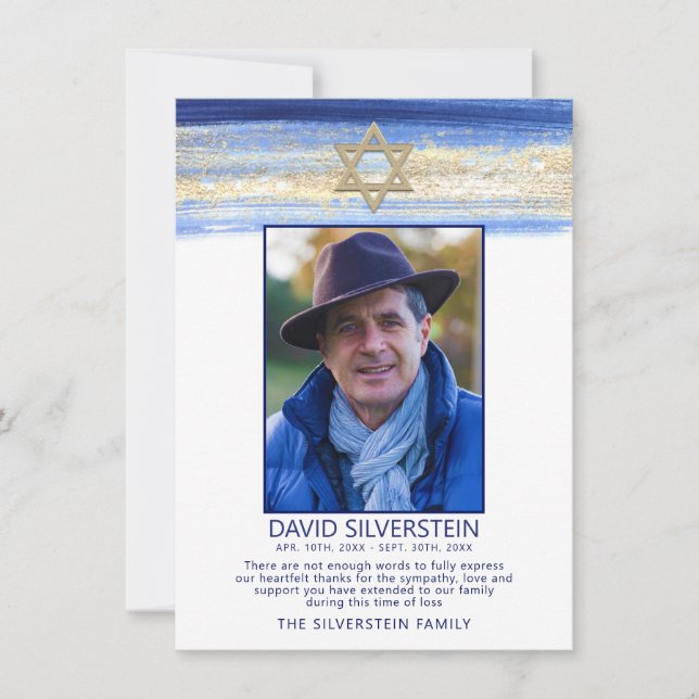 Jewish Star Sympathy Thank You Funeral PHOTO Card (Front)