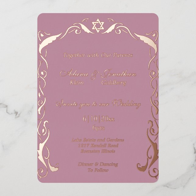 Jewish Swirl frame wedding Foil Invitation (Front)
