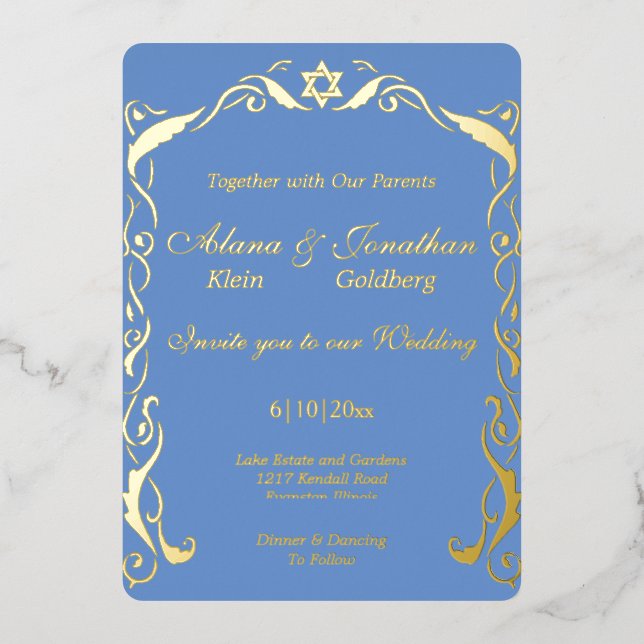 Jewish Swirl frame wedding Foil Invitation (Front)