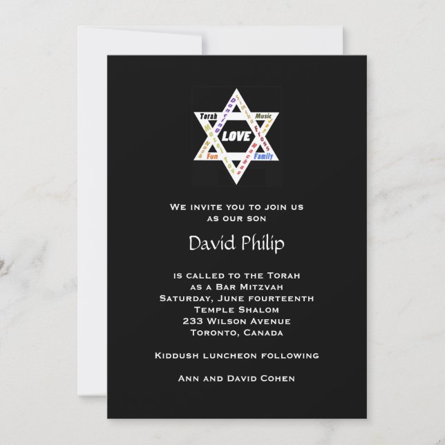 Jewish Values Black Bar/Bat Mitzvah Invitation (Front)