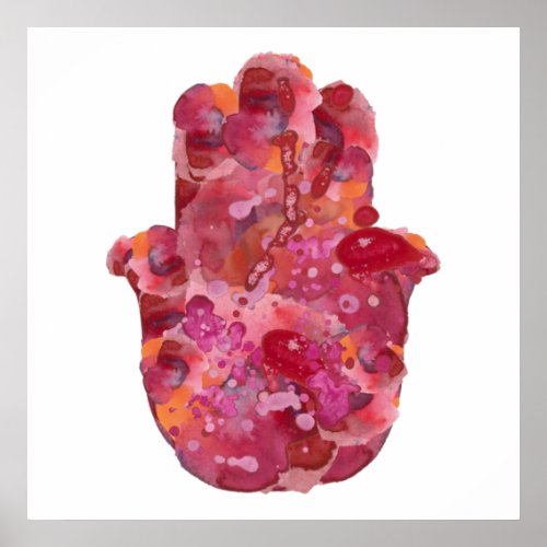 Jewish Watercolor Red Orange Splashes Hamsa Amulet Poster