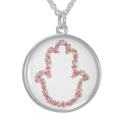 Jewish Watercolor Tropical Flowers Hamsa Amulet Sterling Silver Necklace