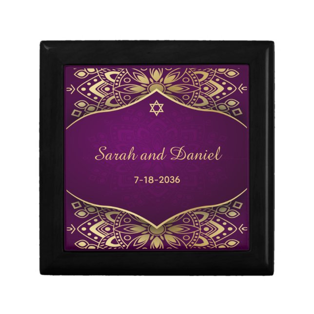 Jewish Wedding Ring Box Gold Mandala on Purple (Front)
