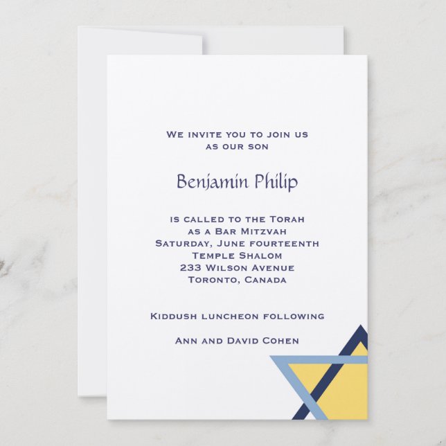 Jewish Yellow Blue Star Invitation (Front)