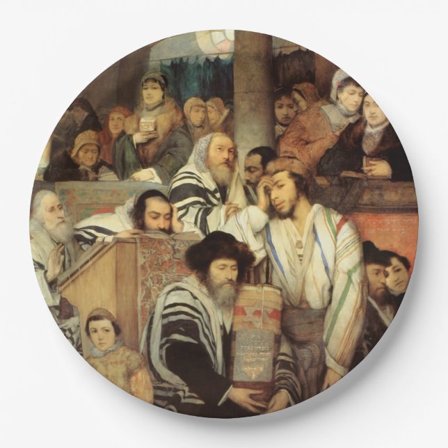 Jews Praying in the Synagogue on Yom Kippur Paper Plates (Front)