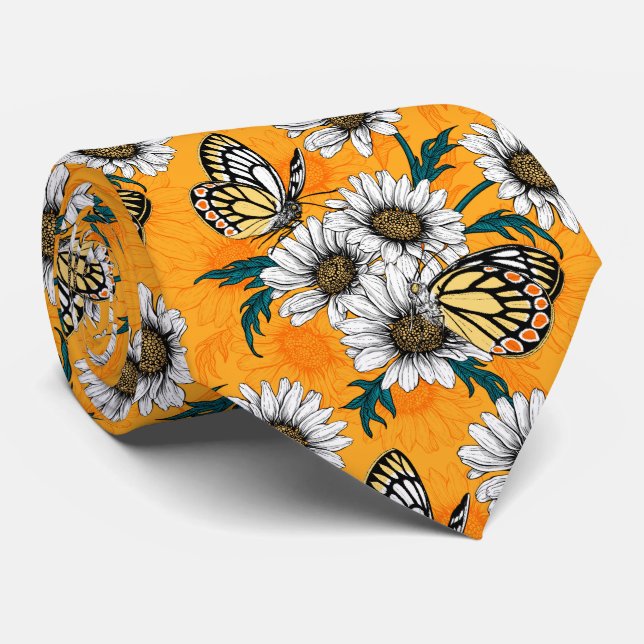 Jezebel butterflies and daisy flowers neck tie (Rolled)