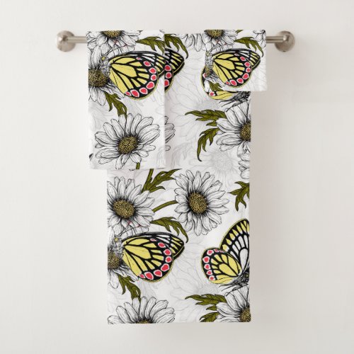 Jezebel butterflies and daisy flowers on white bath towel set