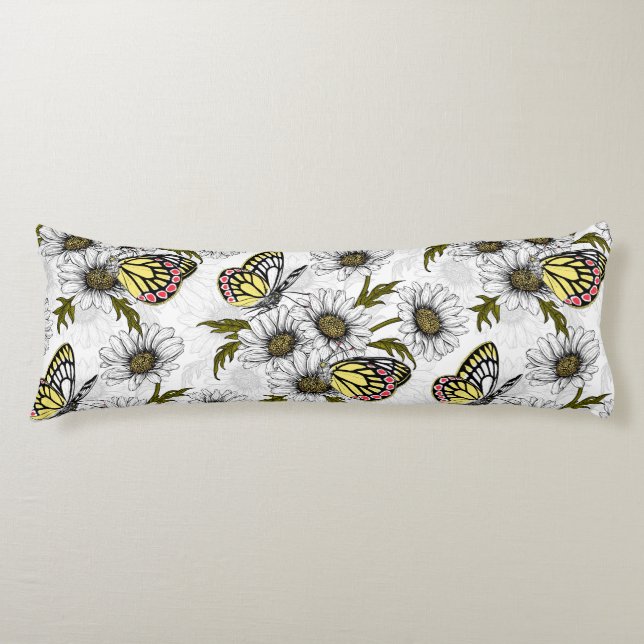 Jezebel butterflies and daisy flowers on white body pillow (Front)