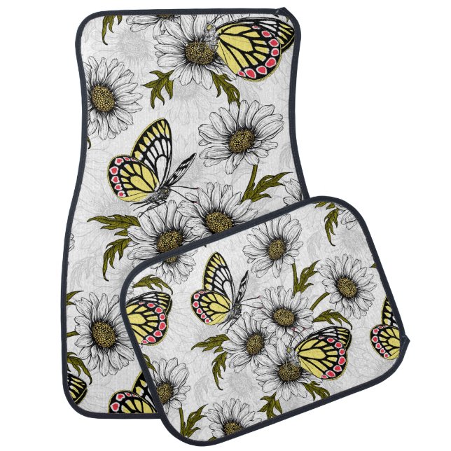 Jezebel butterflies and daisy flowers on white car floor mat (Set)