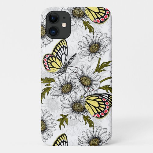 Jezebel butterflies and daisy flowers on white iPhone 11 case