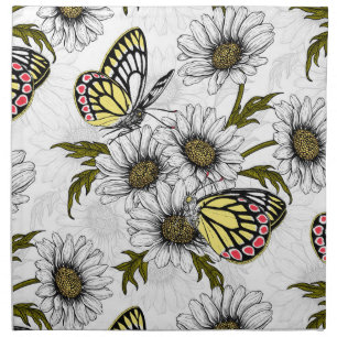 Jezebel butterflies and daisy flowers on white cloth napkin