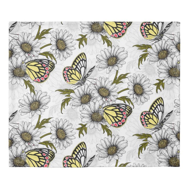 Jezebel butterflies and daisy flowers on white duvet cover (Front)