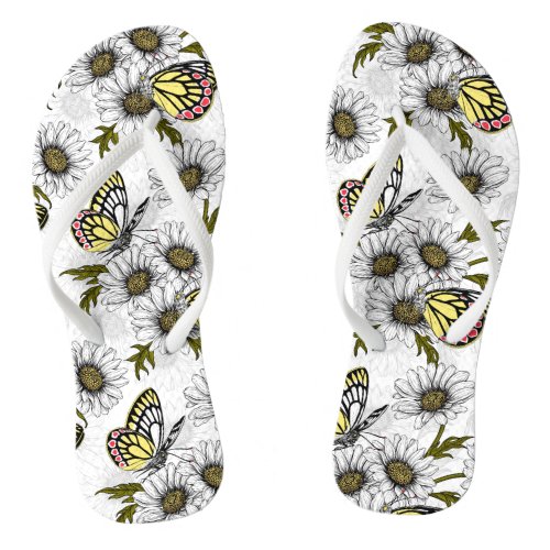 Jezebel butterflies and daisy flowers on white flip flops