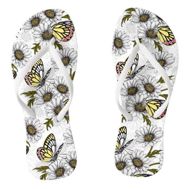 Jezebel butterflies and daisy flowers on white flip flops (Footbed)