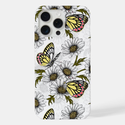 Jezebel butterflies and daisy flowers on white iPhone 15 pro max case