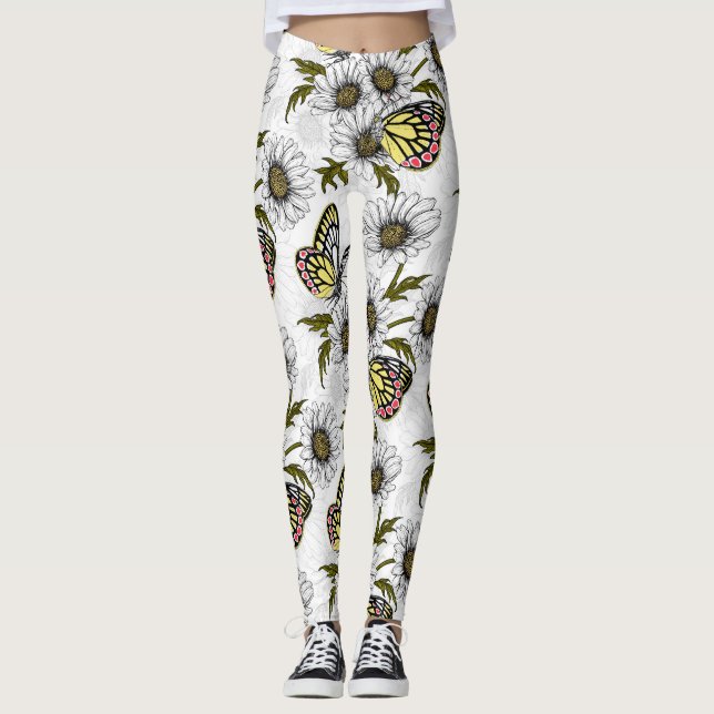 Jezebel butterflies and daisy flowers on white leggings (Front)