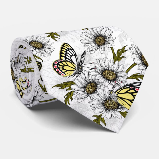 Jezebel butterflies and daisy flowers on white neck tie (Rolled)