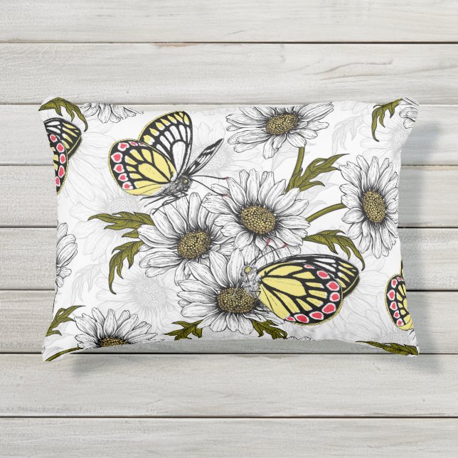 Jezebel butterflies and daisy flowers on white outdoor pillow (Front)