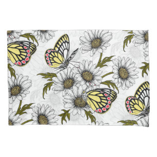 Jezebel butterflies and daisy flowers on white pillow case