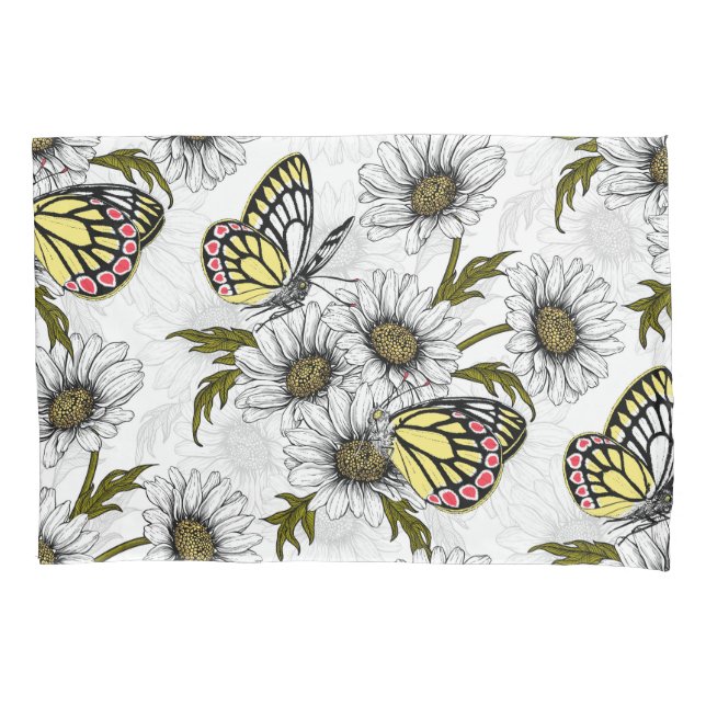 Jezebel butterflies and daisy flowers on white pillow case (Front-Left)