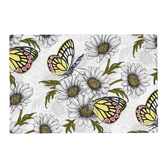 Jezebel butterflies and daisy flowers on white placemat (Front)