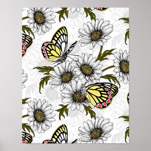 Jezebel butterflies and daisy flowers on white poster