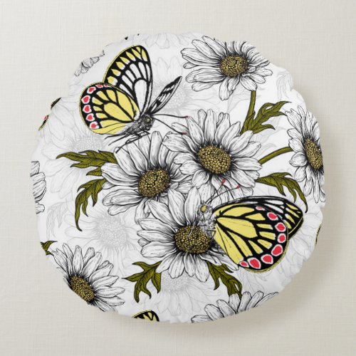 Jezebel butterflies and daisy flowers on white round pillow