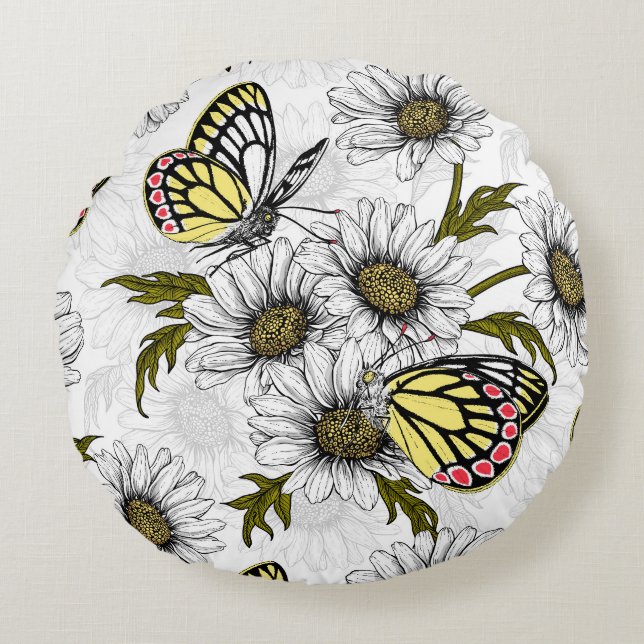 Jezebel butterflies and daisy flowers on white round pillow (Front)