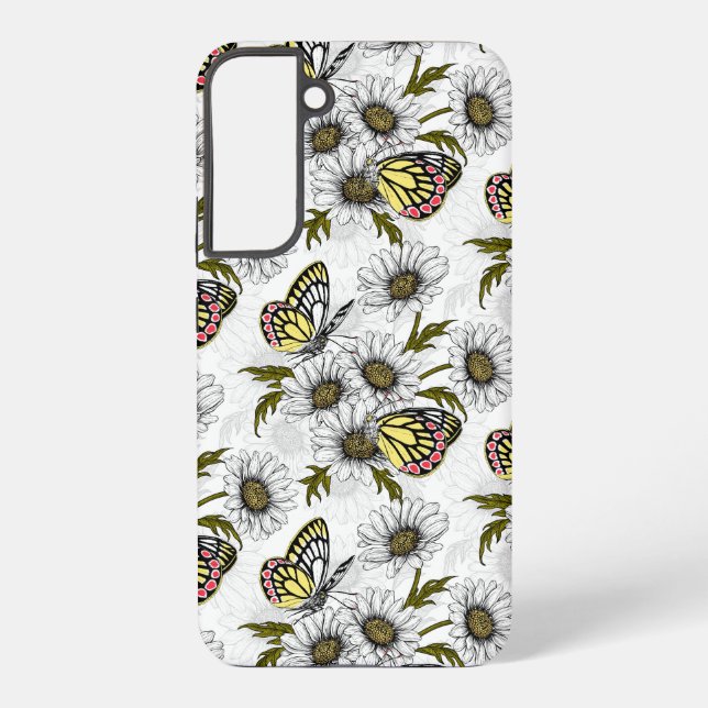 Jezebel butterflies and daisy flowers on white samsung galaxy case (Back)