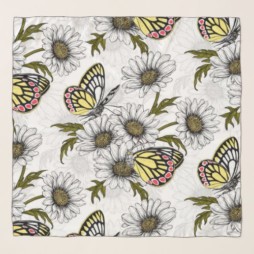 Jezebel butterflies and daisy flowers on white scarf