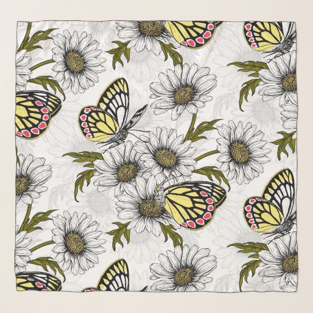 Jezebel butterflies and daisy flowers on white scarf (Front)