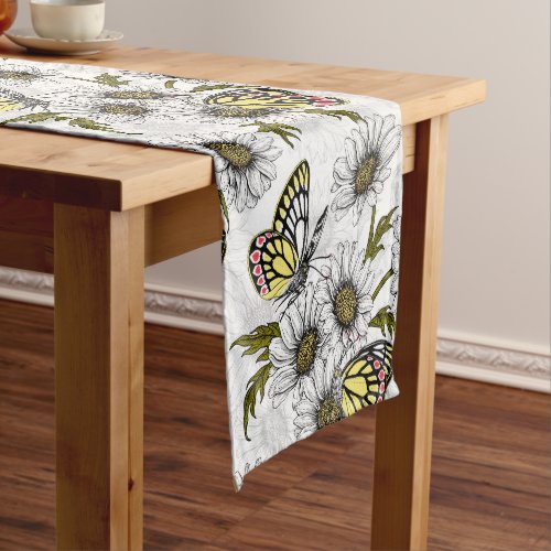 Jezebel butterflies and daisy flowers on white short table runner