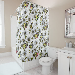 Jezebel butterflies and daisy flowers on white shower curtain