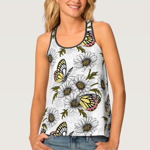 Jezebel butterflies and daisy flowers on white tank top