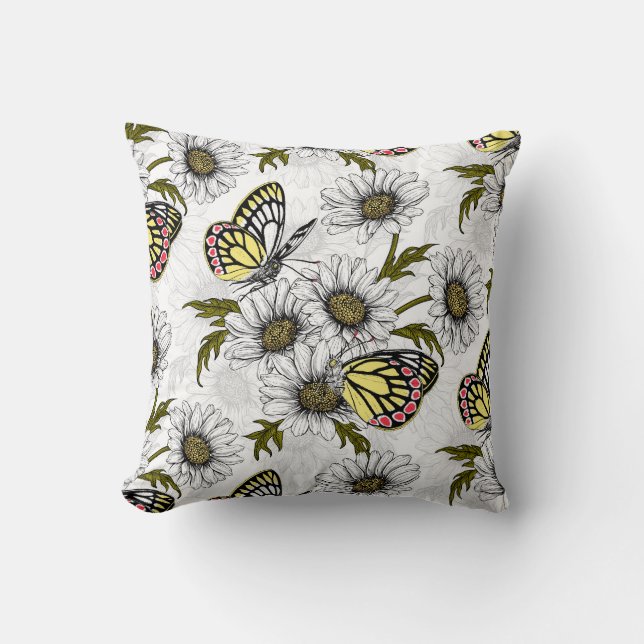 Jezebel butterflies and daisy flowers on white throw pillow (Front)