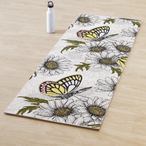 Jezebel butterflies and daisy flowers on white yoga mat