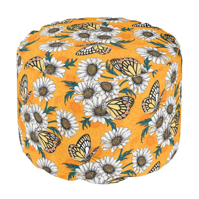 Jezebel butterflies and daisy flowers pouf (Angled Front)