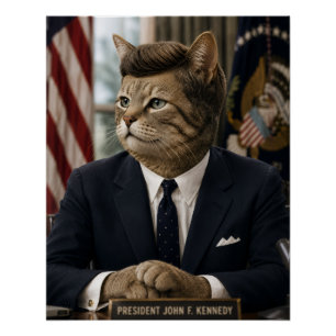 JFK Cat Portrait Funny Presidential Cat Art Poster